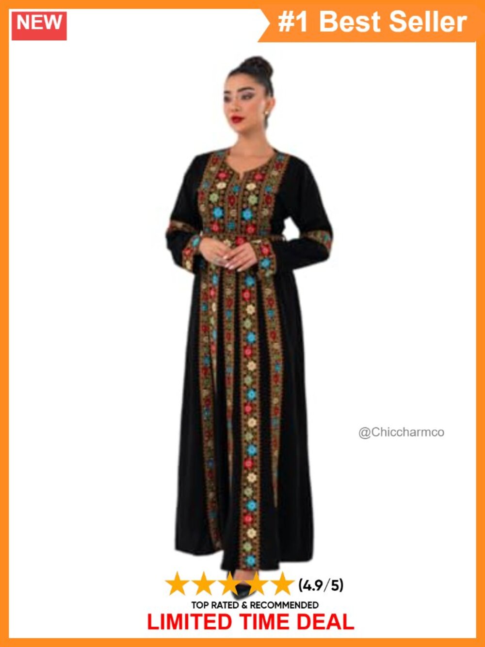 Traditional Embroidered Maxi Dress Long Sleeve Crepe